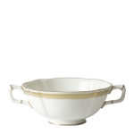 Carlton Gold Cream Soup Cup Add to your tablescape with this fine bone china, made in England, Cream Soup Cup which with its two handles really is the only way to serve soup to your guests. A simple but stylish gold pattern of tiny diamonds set in a finely drawn border gives an elegant appearance. The versatile pattern combines with other patterns to create a personalized style or theme. 