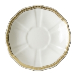 Carlton Gold Cream Soup Saucer Fine bone china saucer to accompany the coordinating Cream Soup Cup. A simple but stylish gold pattern of tiny diamonds set in a finely drawn border gives an elegant appearance. The versatile pattern combines with other patterns to create a personalized style or theme. 
