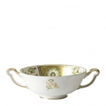 Derby Panel Green Cream Soup Cup Add to your tablescape with this fine bone china, made in England, Cream Soup Cup which with its two handles really is the only way to serve soup to your guests. A beautifully traditional design featuring tranquil flowers and foliage in green decoration set against alternating panels of pristine white and gleaming 22 carat gold. A perfect choice for a special occasion to mix with other time-honored patterns. 