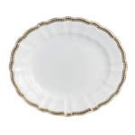 Carlton Gold Medium Oval Platter Present your side dishes on this smaller fine bone china Oval Dish, perfect for serving vegetables or new potatoes or for breads and cheeses. A simple but stylish gold pattern of tiny diamonds set in a finely drawn border gives an elegant appearance. The versatile pattern combines with other patterns to create a personalized style or theme. 