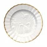 Swan Service Gold Filet Dinner Plate In white relief with a 24K gold edge and border, the central design motif is flowing water symbolizing the eternal course of life with the dominant image of the swan floating amidst reeds, herons and fish.  The intricately crafted figures, centerpieces and sculpted covered tops are remarkable in an age where monotony and standardization hold sway. 

Please call store for delivery timing. 