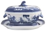 Blue Canton Octagonal Tureen and Stand 12 1/2\ 12.5\ Length