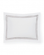 Grande Hotel White/Grey Standard Pillow Sham 21\ x 26\

Fabrication:
Percale with double-row of satin stitch embroidery
Duvet Cover: U-Shape on top of bed
Shams: 4-sides
Flat Sheet and Pillowcases: Along cuff

Finishing:
Knife-edge hem on Duvet Covers
Classic-style flanges, approximate measurements:
Shams: 3-inches; Boudoir: 2-inches
Flat Sheet and Pillowcase cuffs: 4-inches

Hem:
Plain
