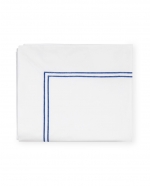 Grande Hotel White/Cornflower Blue Full/Queen Flat Sheet These linens are styled after those that grace the beds of some of the finest hotels in the world. So if you\'re wondering why you always sleep so well in a five-star hotel, this may be the answer. This ever-popular percale is embroidered with tailored double-rows of satin stitch in colors numerous enough to thrill a decorator. Plus, they\'re woven by our masters in Italy to last through many washings.

Fabrication:
Percale with double-row of satin stitch embroidery
Duvet Cover: U-Shape on top of bed
Shams: 4-sides
Flat Sheet and Pillowcases: Along cuff

Finishing:
Knife-edge hem on Duvet Covers
Classic-style flanges, approximate measurements:
Shams: 3-inches; Boudoir: 2-inches
Flat Sheet and Pillowcase cuffs: 4-inches

Hem:
Plain
