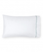 Grande Hotel White/Aqua Standard Pillowcases, Pair 
22\ x 33\
Fabrication:
Percale with double-row of satin stitch embroidery
Duvet Cover: U-Shape on top of bed
Shams: 4-sides
Flat Sheet and Pillowcases: Along cuff

Finishing:
Knife-edge hem on Duvet Covers
Classic-style flanges, approximate measurements:
Shams: 3-inches; Boudoir: 2-inches
Flat Sheet and Pillowcase cuffs: 4-inches

Hem:
Plain
