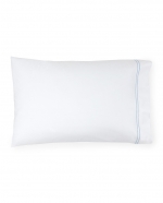 Grande Hotel White/Blue Standard Pillowcases, Pair These linens are styled after those that grace the beds of some of the finest hotels in the world. So if you\'re wondering why you always sleep so well in a five-star hotel, this may be the answer. This ever-popular percale is embroidered with tailored double-rows of satin stitch in colors numerous enough to thrill a decorator. Plus, they\'re woven by our masters in Italy to last through many washings.

Fabrication:
Percale with double-row of satin stitch embroidery
Duvet Cover: U-Shape on top of bed
Shams: 4-sides
Flat Sheet and Pillowcases: Along cuff

Finishing:
Knife-edge hem on Duvet Covers
Classic-style flanges, approximate measurements:
Shams: 3-inches; Boudoir: 2-inches
Flat Sheet and Pillowcase cuffs: 4-inches

Hem:
Plain
