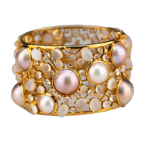 Moonstone, Pearl and White Sapphire Bangle