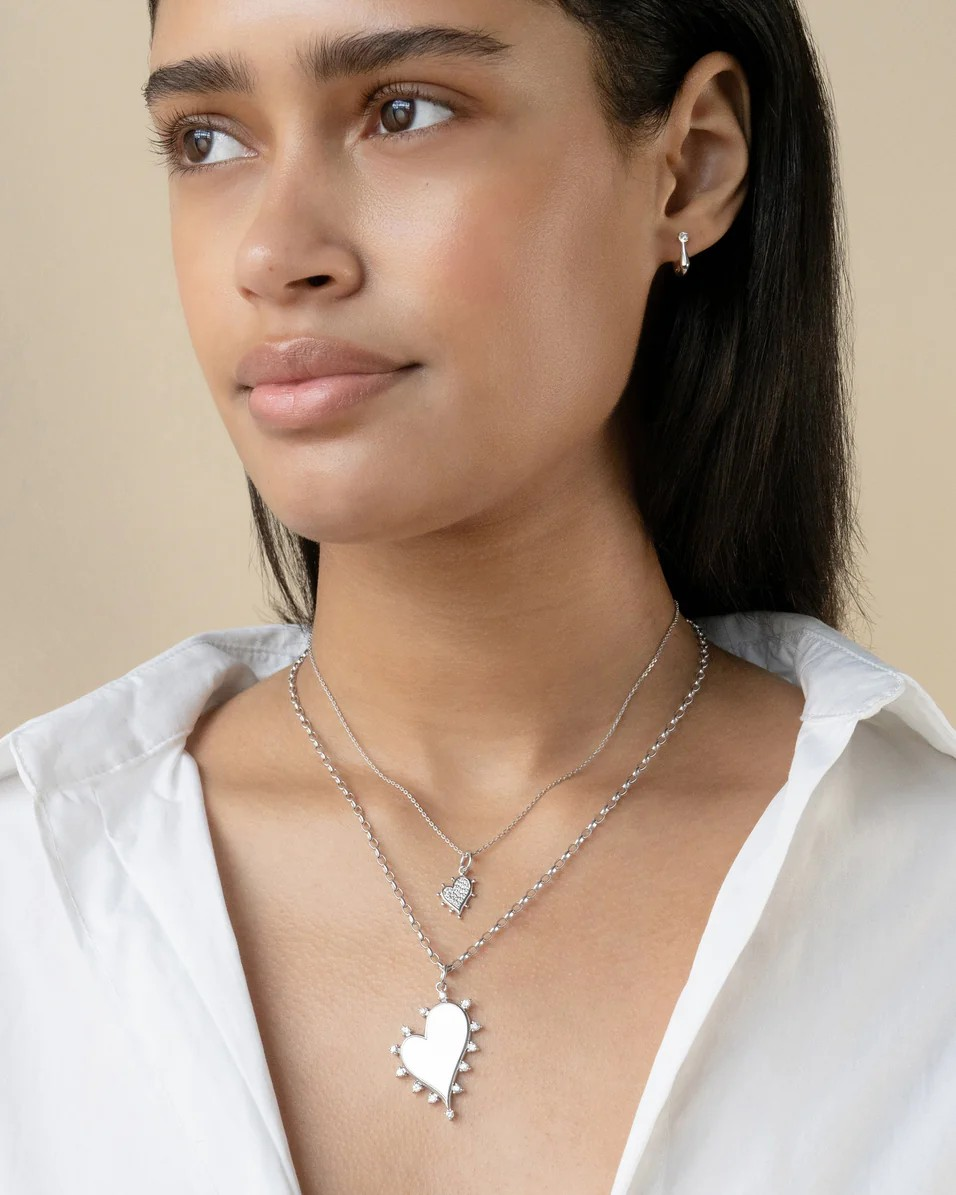Large Heart Charm w/MOP and White Sapphires w/18" SS Chain