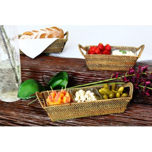 Rattan Rectangular Tray with Two Glass Dishes