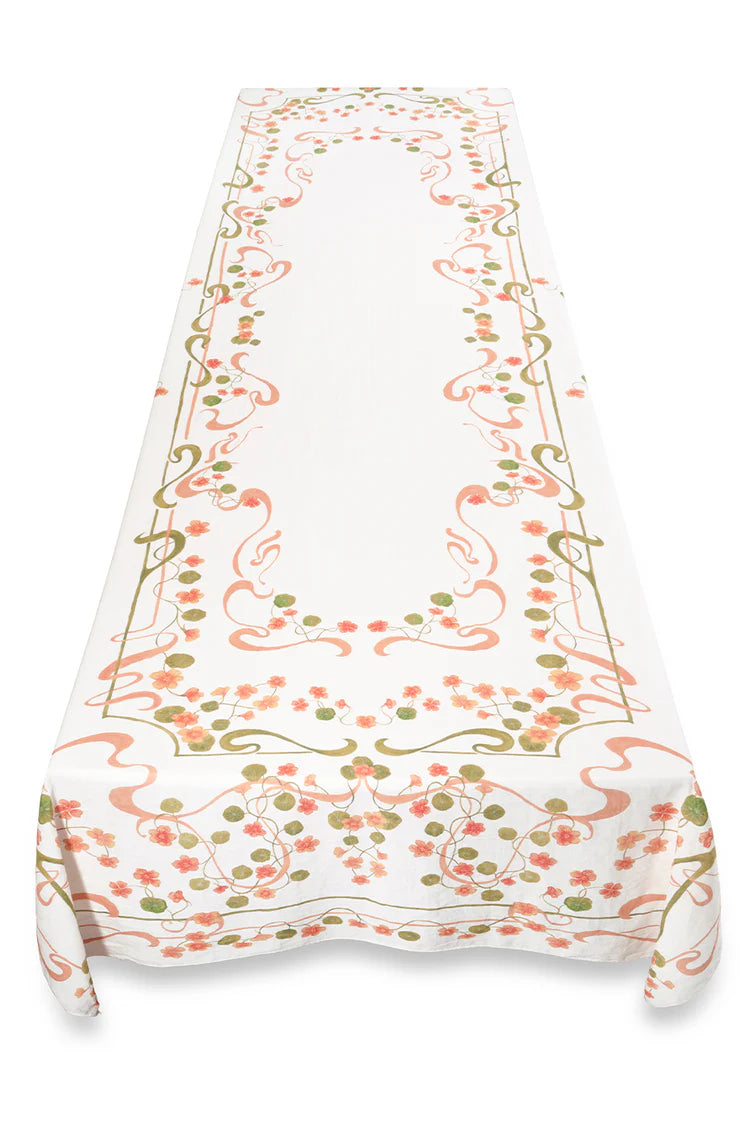 Capucines Linen Tablecloth - Peach Pink & Avocado Green - 65 x 118"