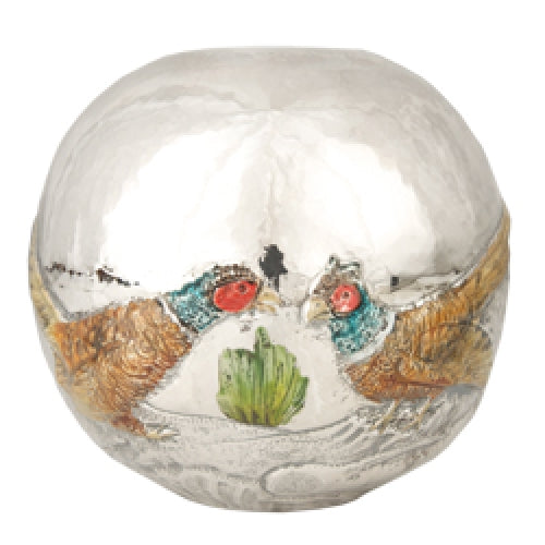 Sterling Silver and Enameled Round Vase with Pheasants