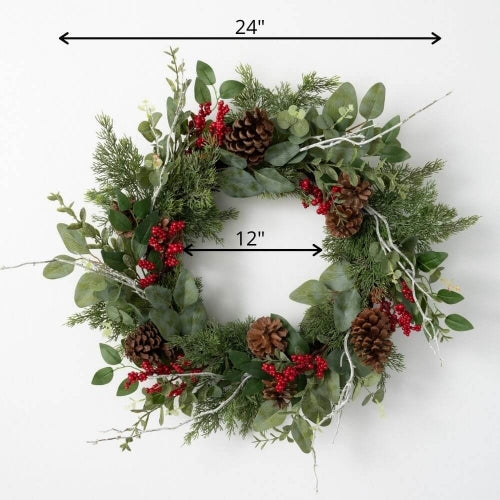 Pine & Red Berry & Twig Wreath 24"