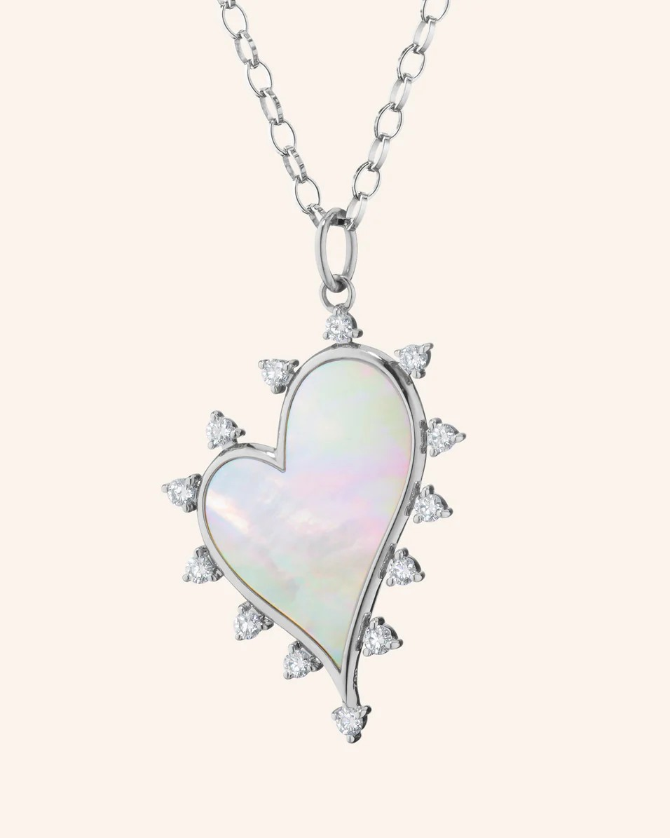 Large Heart Charm w/MOP and White Sapphires w/18" SS Chain