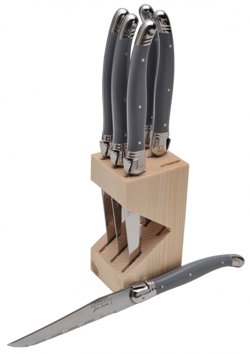 Jean Dubost Gray-Handled Knife Set in Wood Block