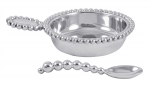 Pearled Baby Porringer & Spoon 7.25\ Length x 1.5\ Width x 5.25\ Height

Mariposa\'s fine metal is handcrafted from 100% recycled aluminum.
All items are food-safe and will not tarnish.

Care:  Hand wash in warm water with mild soap and towel dry immediately.
Do not place in dishwasher or microwave.

Avoid extended contact with water, salty or acidic foods; coat lightly with vegetable oil or spray to easily avoid staining.
Warm to 350 degrees for hot foods. Freeze or chill for summer entertaining.

Cutting directly on the metal surface will scratch the finish.
Occasional use of non-abrasive metal polish will revive luster.

