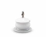 Equestrian Pewter Lidded Bowl White Stoneware and Pewter