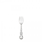 Strasbourg Sterling Salad Fork Flowing scrollwork follows the gently curved handles of this magnificent pattern inspired by the rococo style of design favoring shell-like curves prevailing in 18th Century France. Named for the French hamlet near the border of Germany, this intricate pattern displays rococo exuberance with hints of lively German Baroque opulence. The finely carved details along the edge highlight a smooth central panel, and culminate in a subtle shell near the tip. This design, introduced in 1897, will enliven traditional table settings for everyday meals and when entertaining.

Polish your sterling silver once or twice a year, whether or not it has been used regularly. Hand wash and dry immediately with a chamois or soft cotton cloth to avoid spotting.
