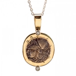 Athena and Pegasus Replica Coin Pendant Necklace Featuring a Greek Stater coin from 200 - 300 BC, this pendant it beautiful as well as a conversation piece.  The profile on the front of the coin is Athena and there is a soaring Pegasus on the back.  The frame the coin is mounted on, is handmade by Dennis Meade to perfectly fit the coins worn perimeter.  The two bezel set diamonds add a nice sparkle and symmetry to the coins irregular shape and patina.  It is a fine juxtaposition of high polish meets ancient artifact.  Elegant, understated and being one of a kind, it would make a perfect addition to anyone\'s jewelry collection. 
Please contact our store for availability and delivery time, as each piece is handmade - 859-225-7474 or sales@lvharkness.com. 