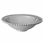 Pearled Serving Bowl Mariposa\'s fine metal is handcrafted from 100% recycled aluminum.
All items are food-safe and will not tarnish.
Hand wash in warm water with mild soap and towel dry immediately.
Do not place in dishwasher or microwave.
Avoid extended contact with water, salty or acidic foods; coat lightly with vegetable oil or spray to easily avoid staining.
Warm to 350 degrees for hot foods. Freeze or chill for summer entertaining.
Cutting directly on the metal surface will scratch the finish.
Occasional use of non-abrasive metal polish will revive luster.

13\ Diameter  x 4\ Height