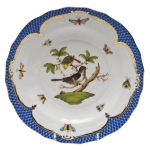 Rothschild Bird Blue Border Dessert Plate, Motif #1 The well-known Rothschild Bird design is made even more elaborate and elegant with the addition of a scalloped blue edge treatment bordered in 24kt gold. 