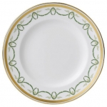 Titanic Dinner Plate Perfectly round, this dinner plate is an ideal finishing touch for sophisticated dining. A re-launched pattern to mark the 100th anniversary of the infamous ship\'s launch, the Titanic pattern, in the style of Louis XVI this design features a delicate gold layered border with painted ornaments of chaplet and festoons finished in tints of green. Each piece is finished in burnished gold. A sophisticated design suitable for fine dining, afternoon tea or light lunch. 