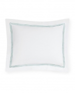 Grande Hotel White/Aqua Standard Pillow Sham 21\ x 26\

Fabrication:
Percale with double row of satin stitch embroidery
Duvet Cover: U-Shape on top of bed
Shams: 4-sides
Flat Sheet and Pillowcases: Along cuff

Finishing:
Knife-edge hem on Duvet Covers
Classic-style flanges, approximate measurements:
Shams: 3-inches; Boudoir: 2-inches
Flat Sheet and Pillowcase cuffs: 4-inches

Hem:  Plain