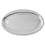 Pearled Oval Platter 12.5\ Length x 8.5\ Width

Mariposa\'s fine metal is handcrafted from 100% recycled aluminum.

Care:  All items are food-safe and will not tarnish.
Hand wash in warm water with mild soap and towel dry immediately.
Do not place in dishwasher or microwave.
Avoid extended contact with water, salty or acidic foods; coat lightly with vegetable oil or spray to easily avoid staining.
Warm to 350 degrees for hot foods. Freeze or chill for summer entertaining.
Cutting directly on the metal surface will scratch the finish.
Occasional use of non-abrasive metal polish will revive luster.
