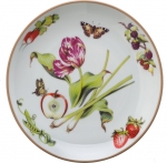 Summerlea Tulip, Onion and Apple Salad Plate Julie Wear gathers ordinary fruits and vegetables from the garden and combines them together in unexpected ways to create a pattern of delightful color and movement. 