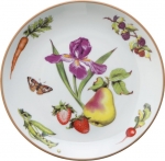 Summerlea Pear and Iris Salad Plate Julie Wear gathers ordinary fruits and vegetables from the garden and combines them together in unexpected ways to create a pattern of delightful color and movement. 