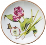 Summerlea Tulip, Onion and Apple Bread and Butter Plate Julie Wear gathers ordinary fruits and vegetables from the garden and combines them together in unexpected ways to create a pattern of delightful color and movement. 